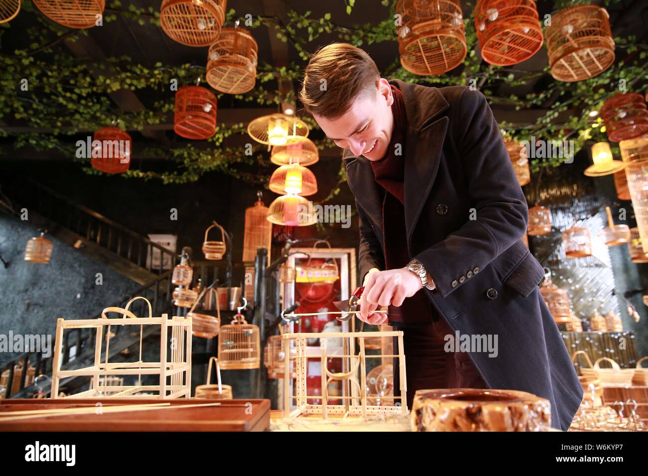 Un overseas student tenta di rendere volières in Danzhai county, Qiandongnan Miao e Dong prefettura autonoma, a sud-ovest della Cina di Guizhou, 11 Foto Stock
