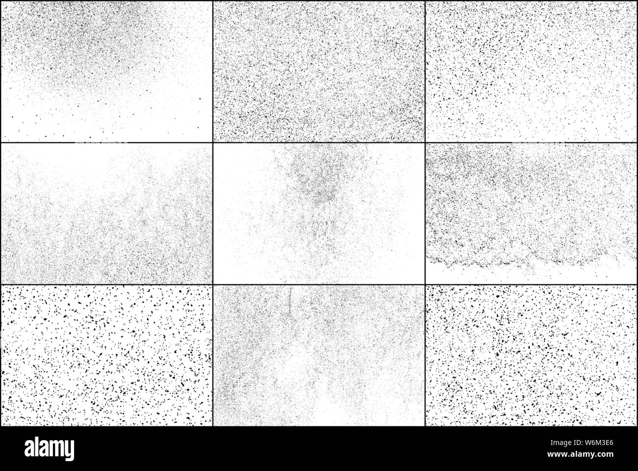Set di Black struttura granulosa isolati su sfondo bianco. Mascherina antipolvere testurizzato. Scuro rumore irregolare delle particelle. Generati digitalmente immagine. Il design del vettore Illustrazione Vettoriale