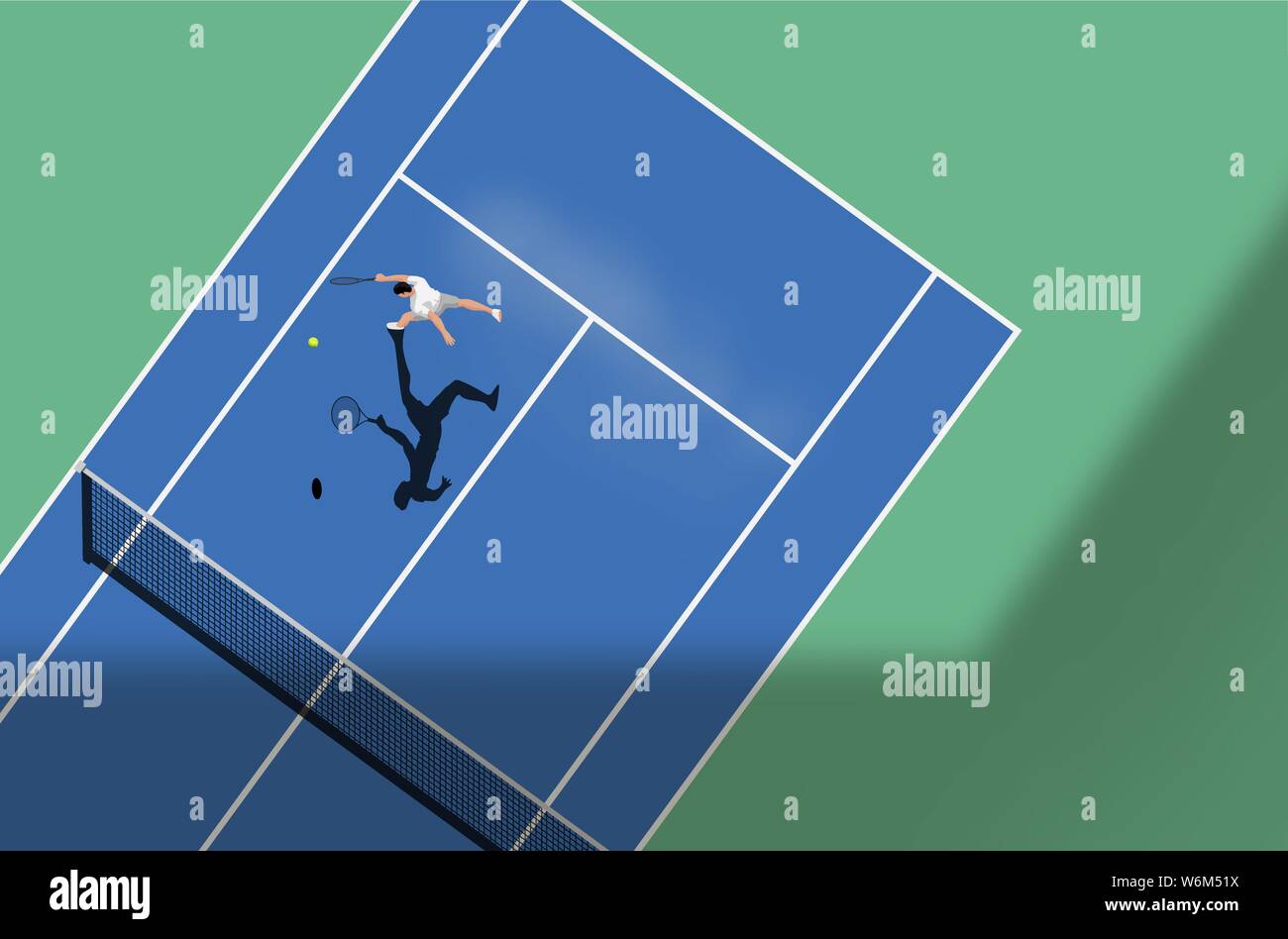 Partita a tennis su un hard court. Vista dall'alto in basso dello sport, illustrazione vettoriale. Illustrazione Vettoriale