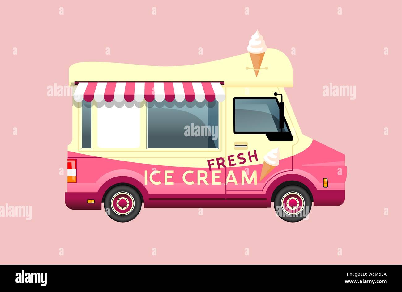 Classic estate ice cream van in crema e colori rosa. Vista laterale illustrazione vettoriale. Illustrazione Vettoriale