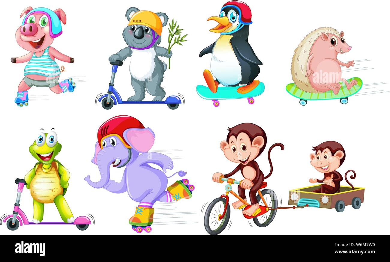Serie di animali equitazione biciclette e scooter illustrazione Illustrazione Vettoriale