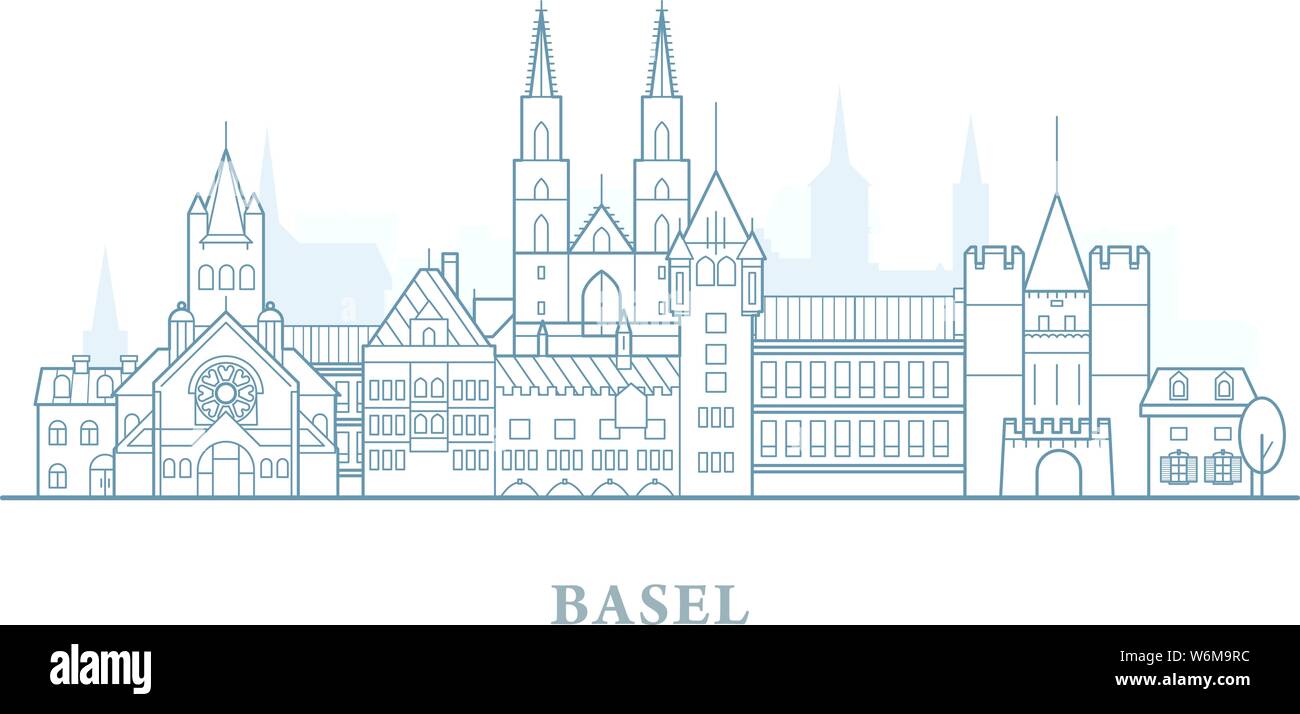 Skyline di Basilea, Svizzera - Città vecchia contorno, panorama della città con i punti di riferimento della città di Basilea Illustrazione Vettoriale