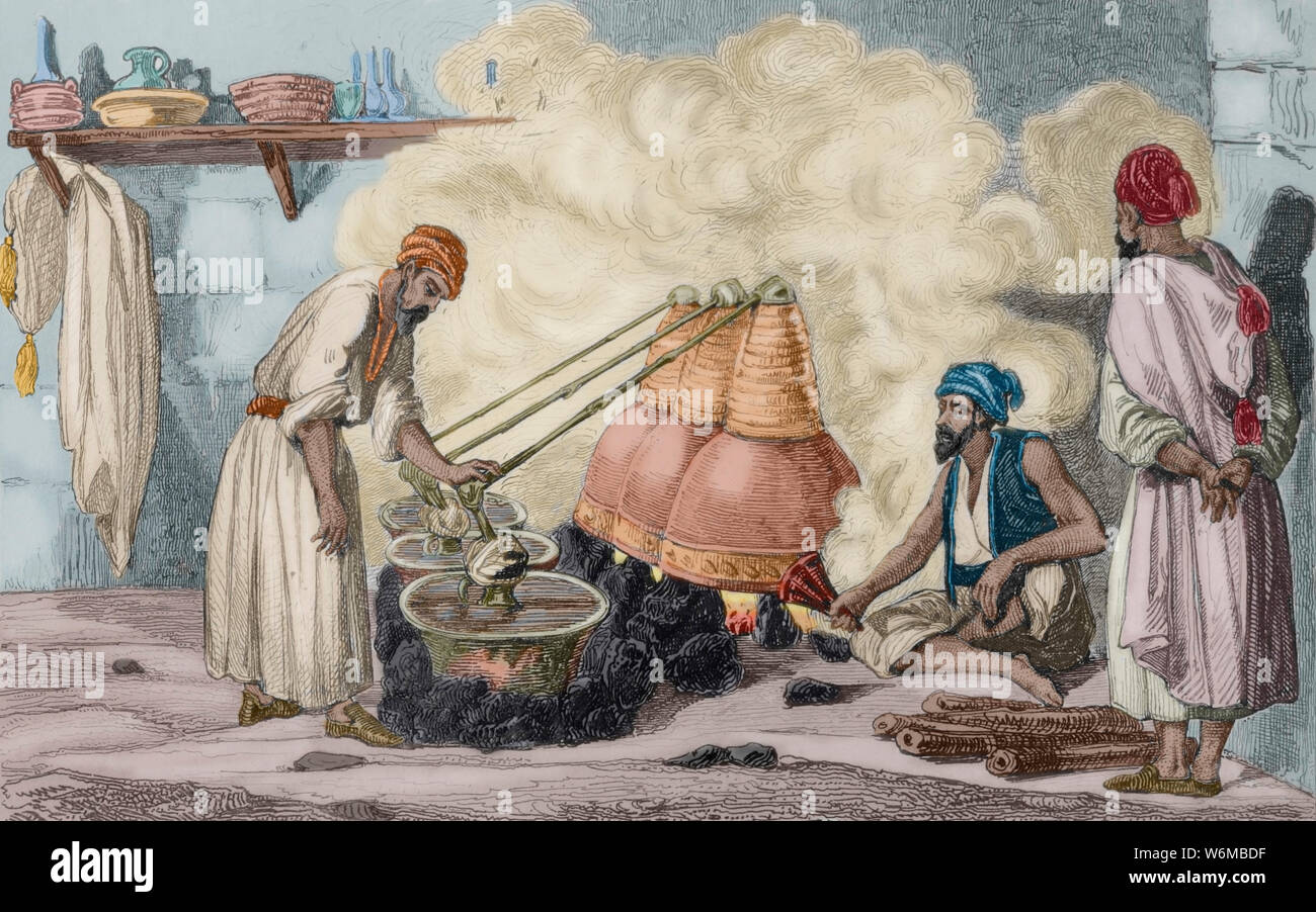 La storia di Arabia. Distilleria. Incisione di nonio. Panorama universale. La storia di Arabia, 1851. Colorazione successiva. Foto Stock