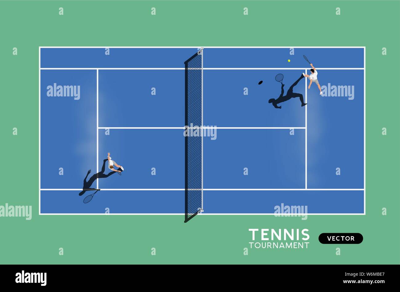 Uomini match di tennis su un hard court. Vista dall'alto in basso dello sport, illustrazione vettoriale. Illustrazione Vettoriale