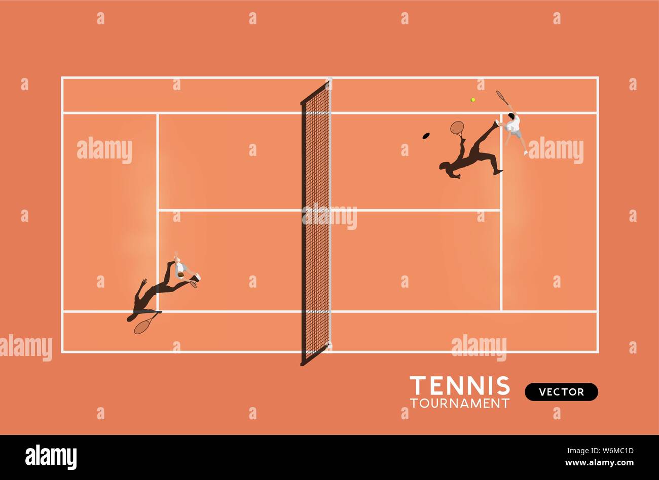 Uomini match di tennis su una corte di argilla. Vista dall'alto in basso dello sport, illustrazione vettoriale. Illustrazione Vettoriale