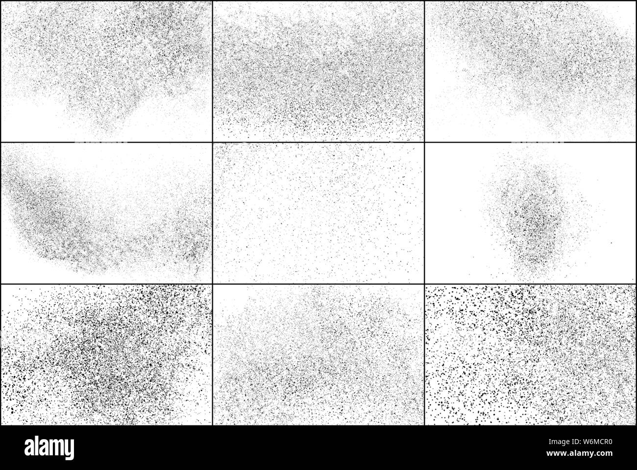 Set di Black struttura granulosa isolati su sfondo bianco. Mascherina antipolvere testurizzato. Scuro rumore irregolare delle particelle. Generati digitalmente immagine. Il design del vettore Illustrazione Vettoriale