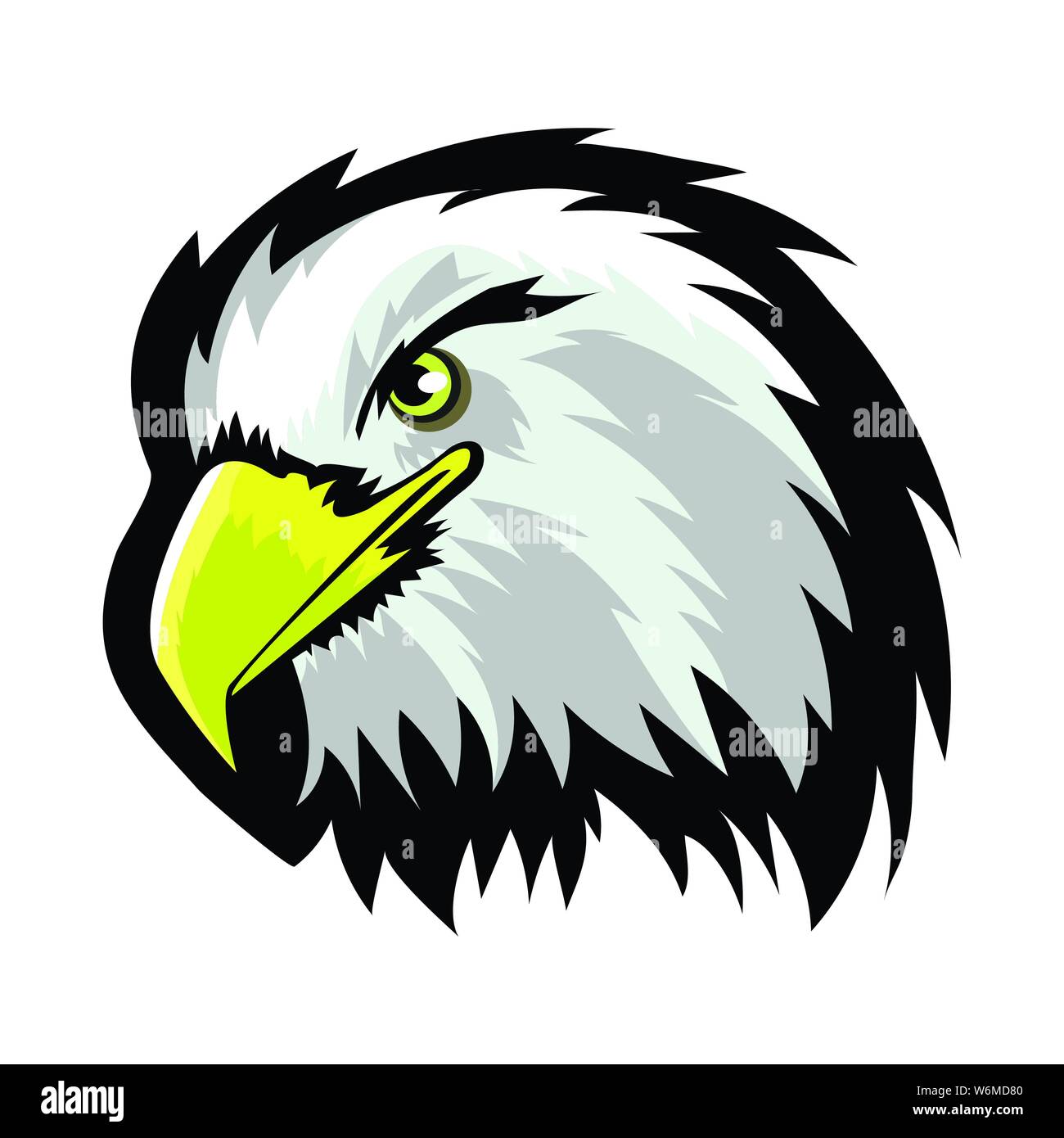 Bianco nord americano aquila calva testa Tattoo Design. Il logo di uccelli della preda isolati su sfondo bianco Illustrazione Vettoriale