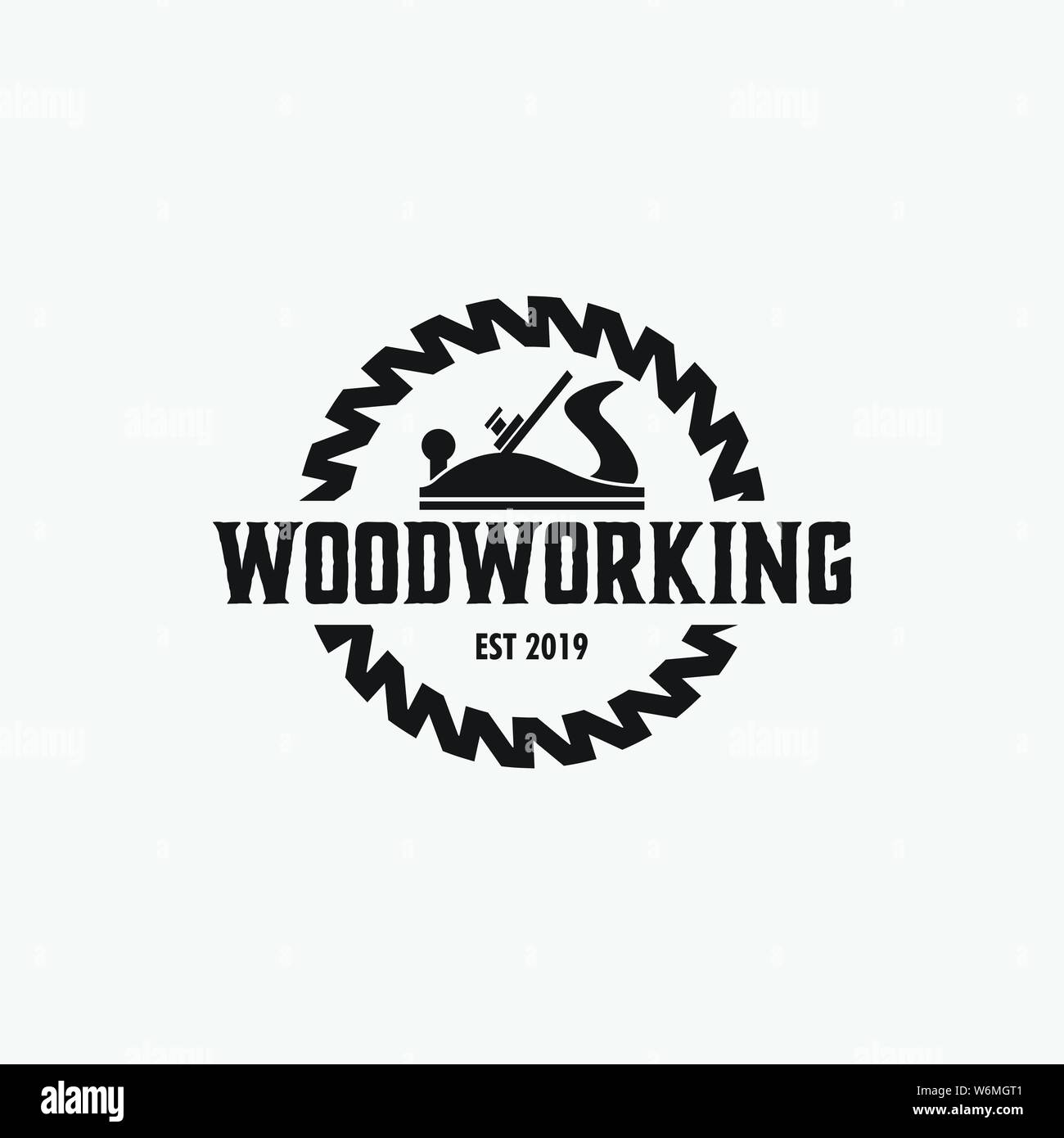 Macchine per la lavorazione del legno logo design template vettoriale illustrazione isolato Illustrazione Vettoriale