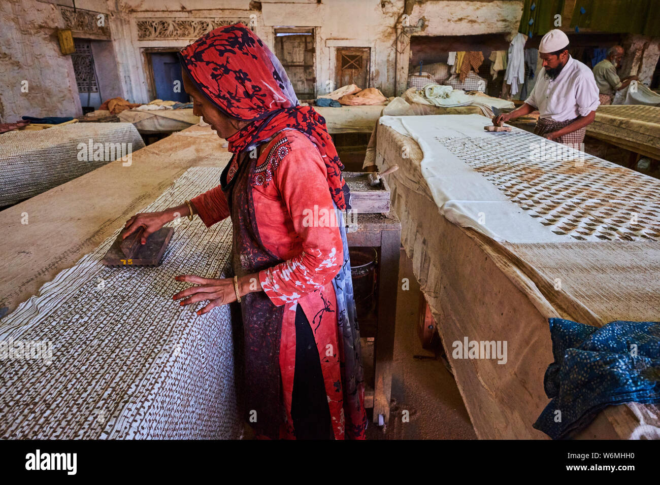 India Rajasthan, Jaipur, blocco tessile di stampa Foto Stock