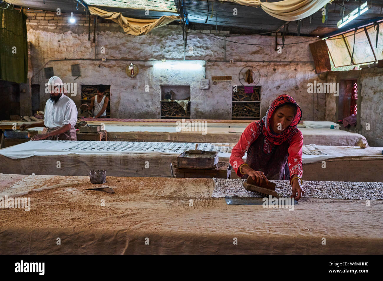 India Rajasthan, Jaipur, blocco tessile di stampa Foto Stock