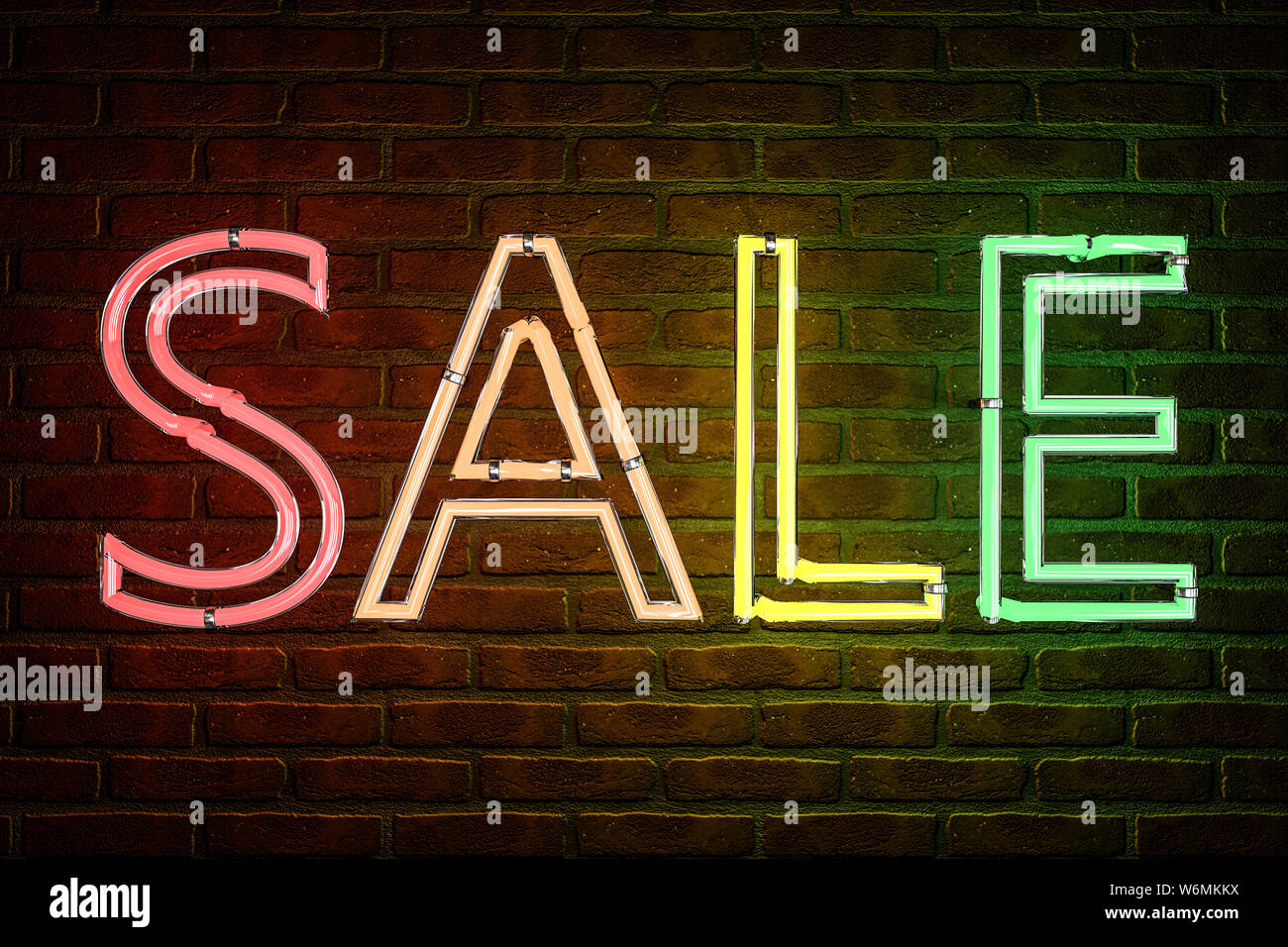 3d illustrazione: pubblicità insegna al neon con la scritta "vendita" di  lettere colorate sullo sfondo di un rosso mattone parete Foto stock - Alamy