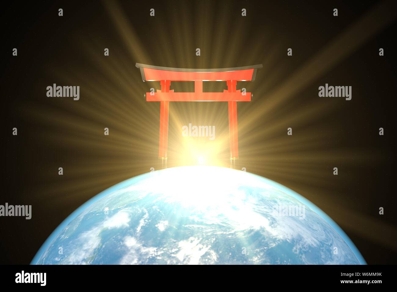 3d immagine: i raggi del sole nascente passa attraverso il tradizionale rosso giapponese torii gate su il pianeta terra. Sacrario scintoista. Giappone Foto Stock