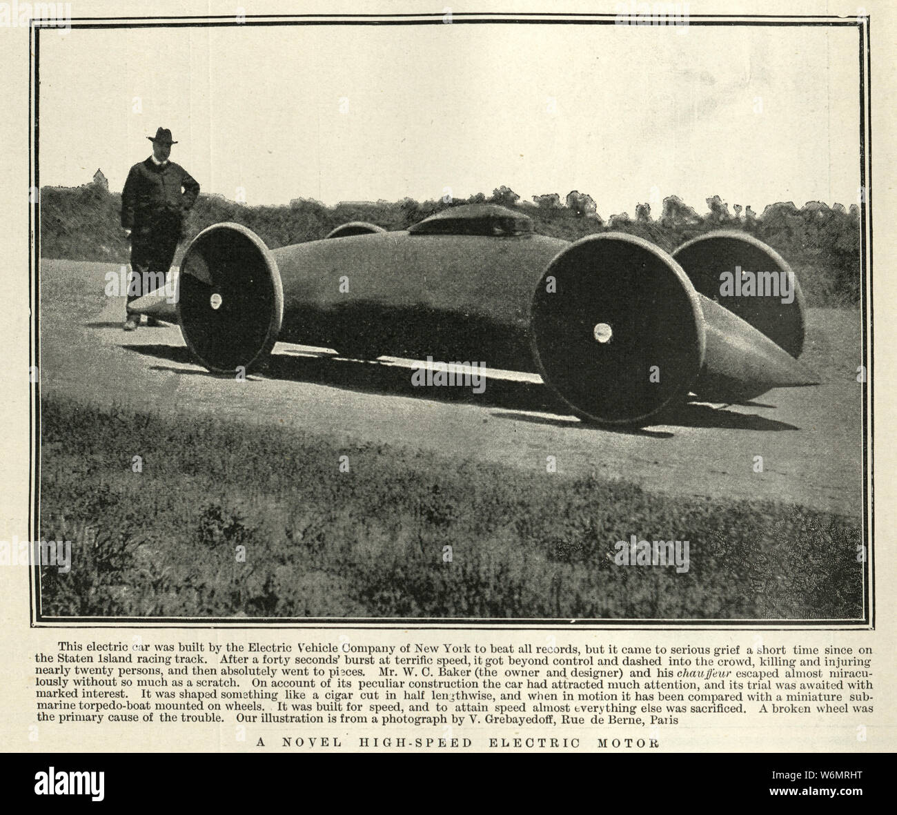 Baker motorino elettrico ad alta velocità veicolo, 1902. Nel maggio 1902, Baker ha preso parte a una prova di velocità su una strada pubblica a Staten Island, New York. Il panettiere era auto 39 dall'inizio e impostare un buon momento per la prima parte del corso, ma poi ha perso il controllo e scivolare lateralmente nella folla. Un certo numero di spettatori sono stati feriti e due morti. Foto Stock