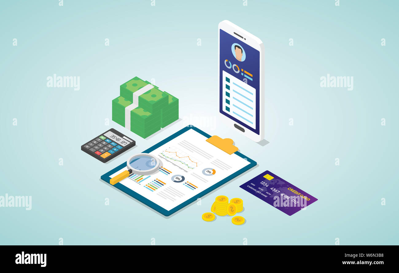 Personal Finance concetto con profilo biodata analysis report con alcuni dati finanziari con moderni isometrica stile piatto - illustrazione vettoriale Foto Stock