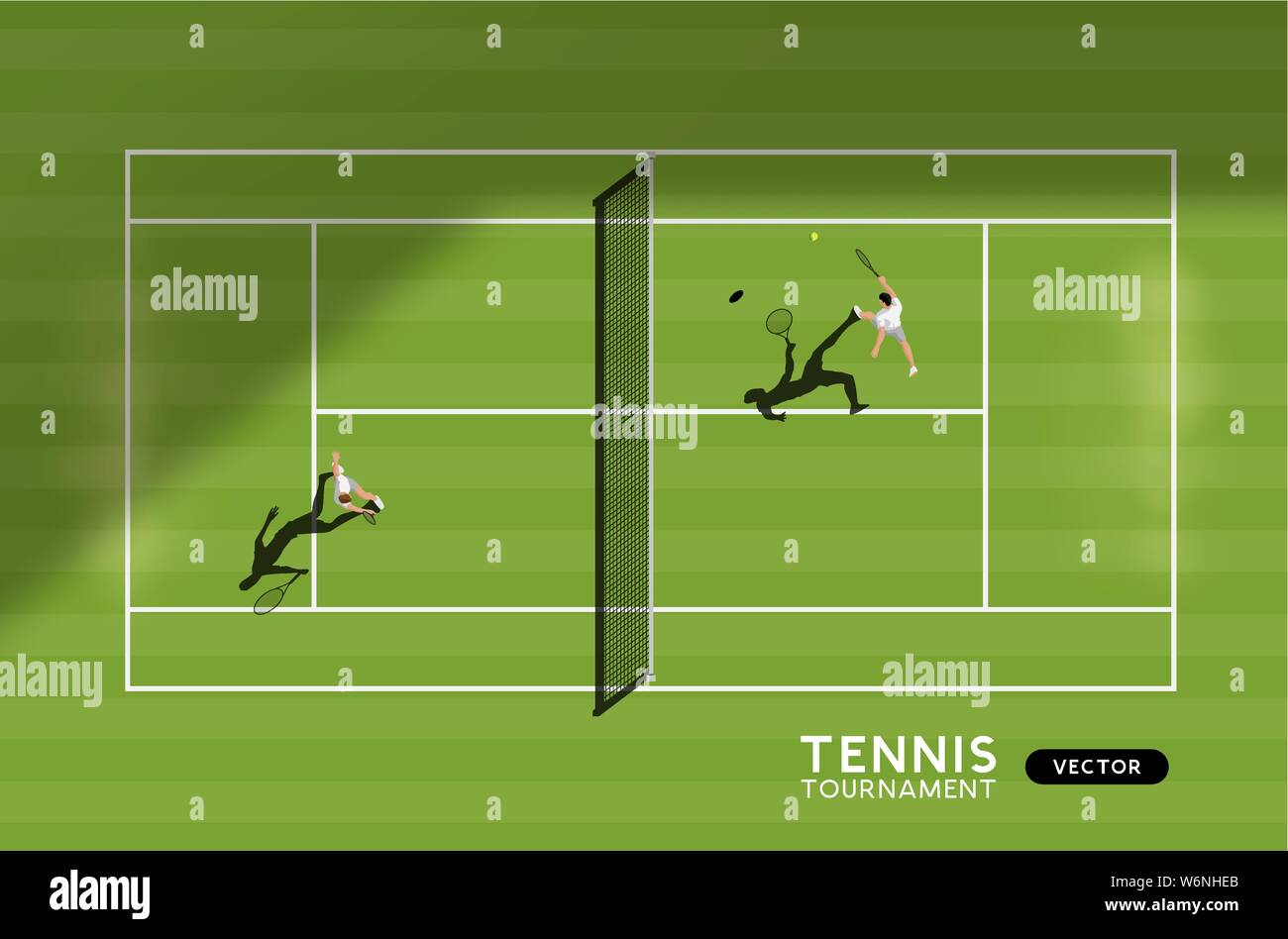 Uomini match di tennis su erba di una corte. Vista dall'alto in basso dello sport, illustrazione vettoriale. Illustrazione Vettoriale