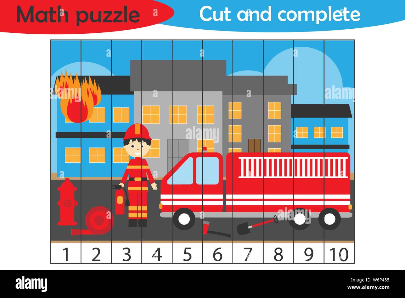 Math puzzle, incendio e vigile del fuoco in stile cartoon, gioco di educazione per lo sviluppo dei bambini di età prescolare, utilizzare forbici, tagliare parti dell'immagine e Illustrazione Vettoriale