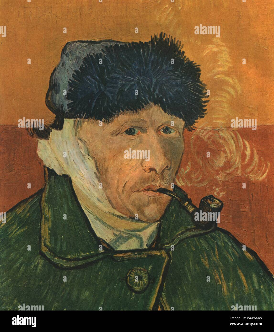 'SELF-ritratto con orecchio bendato e tubo", Febbraio 1889', (1947). Van Gogh (1853-1890) aveva tagliato il suo orecchio con un rasoio durante uno dei suoi periodi di malattia mentale. Pittura in una collezione privata. Da "Vincent van Gogh", di Ludwig Goldscheider e Wilhelm Uhde. [Phaidon Press Ltd, Oxford e Londra, 1947] Foto Stock
