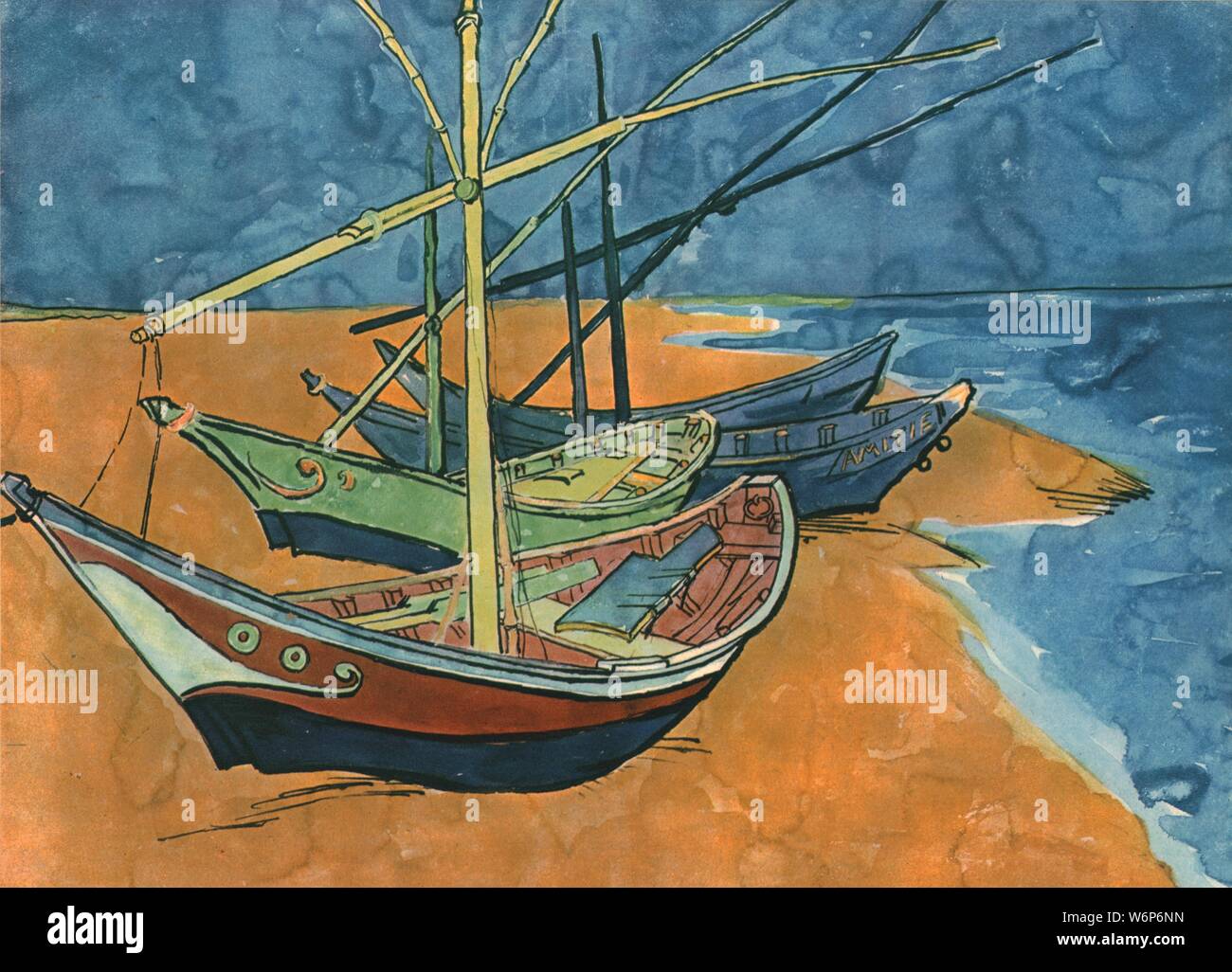 " Barche in difficoltà sulla spiaggia di Les Saintes-Maries", giugno 1888, (1947). Pittura, noto anche come "barche di pescatori sulla spiaggia di Les Saintes-Maries-de-la-Mer", nello Stato Museo Hermitage di San Pietroburgo, Russia. Da "Vincent van Gogh", di Ludwig Goldscheider e Wilhelm Uhde. [Phaidon Press Ltd, Oxford e Londra, 1947] Foto Stock