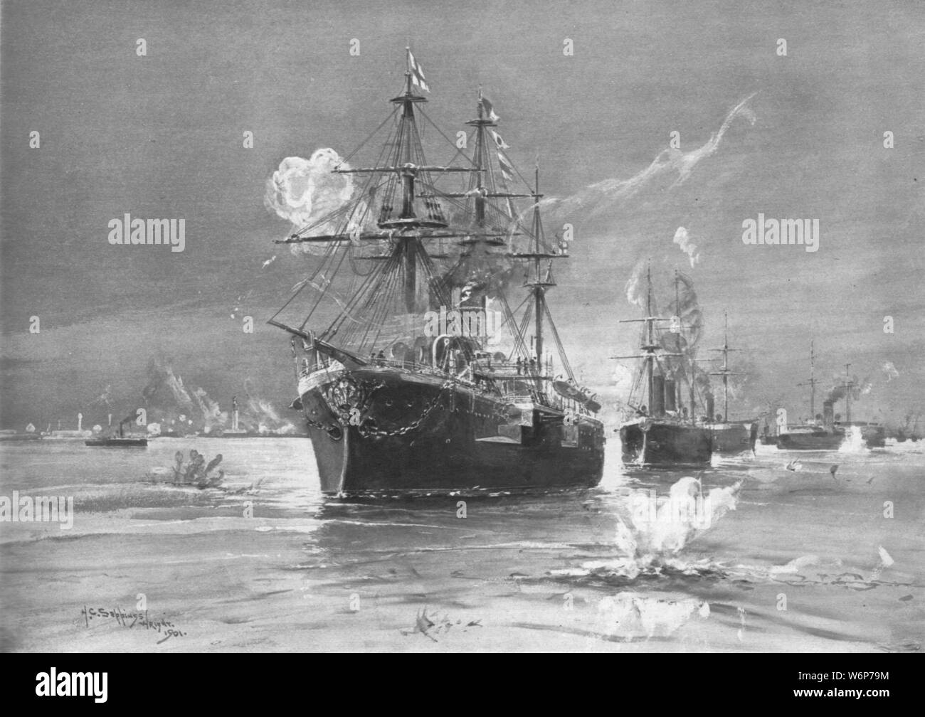 'La ribellione degli Arabi Pasha in Egitto, 1882: il bombardamento di Alessandria dalla flotta britannica", (1901). Episodio della guerra anglo-egiziana: generale egiziano Ahmad 'Urabi (o Ourabi) hanno partecipato a un ammutinamento che si è sviluppata in una rivolta generale contro l'anglo-francese ha dominato la somministrazione di Egitto. British navi da guerra nel porto di Alessandria ha aperto il fuoco sulla città di postazioni di pistola dopo gli Egiziani ignorato un ultimatum per la loro rimozione. "Dall'Illustrated London News Record del glorioso Regno della Regina Victoria 1837-1901: la vita e l'adesione del re Edward VII e la vita di Foto Stock