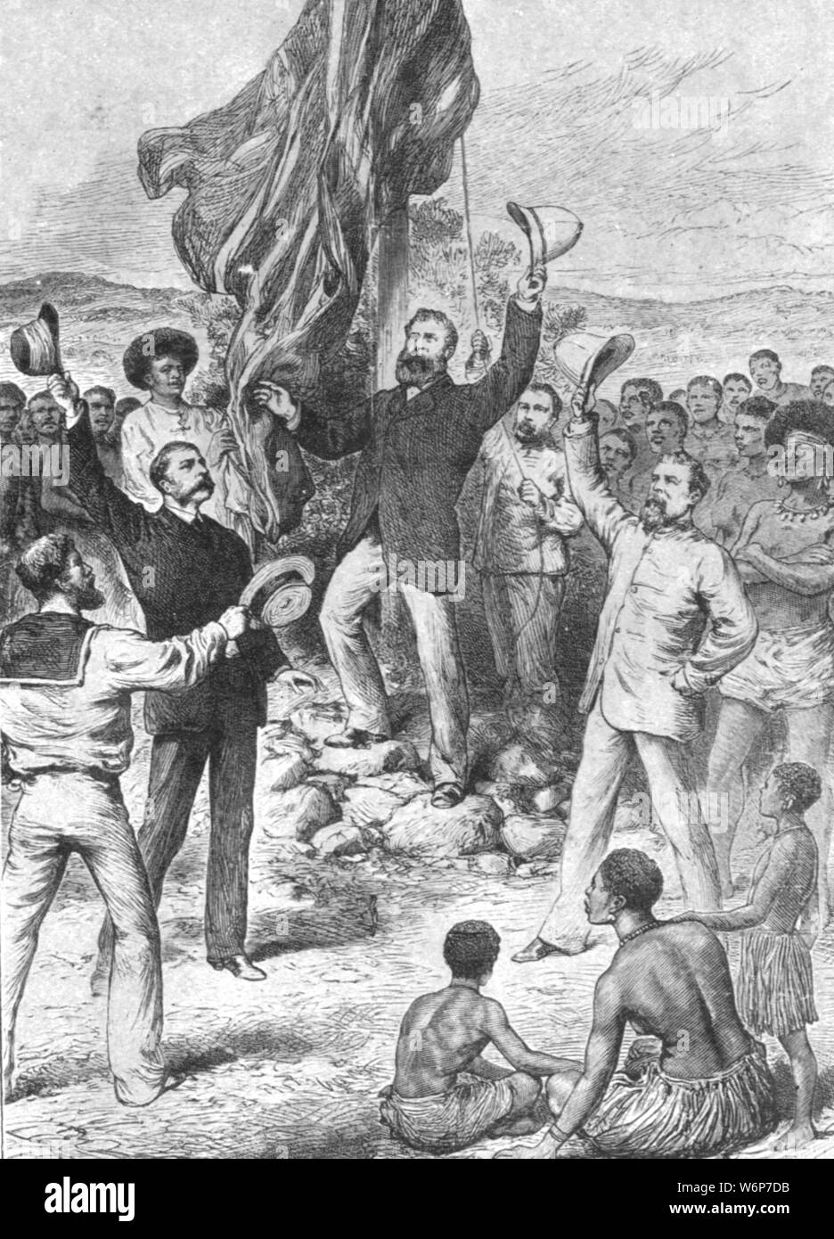"Issare la bandiera britannica in Nuova Guinea, 1883: signor Chester, Queensland magistrato, chiamando per tre acclamazioni', (1901). British funzionario civile Henry Marjoribanks Chester (1832-1914) proclama la sovranità della regina Victoria. Chester annesso l'isola della Nuova Guinea a nome del Governo del Queensland in data 4 aprile 1883. "Dall'Illustrated London News Record del glorioso Regno della Regina Victoria 1837-1901: la vita e l'adesione del re Edward VII e la vita della regina Alexandra". [Londra, 1901] Foto Stock