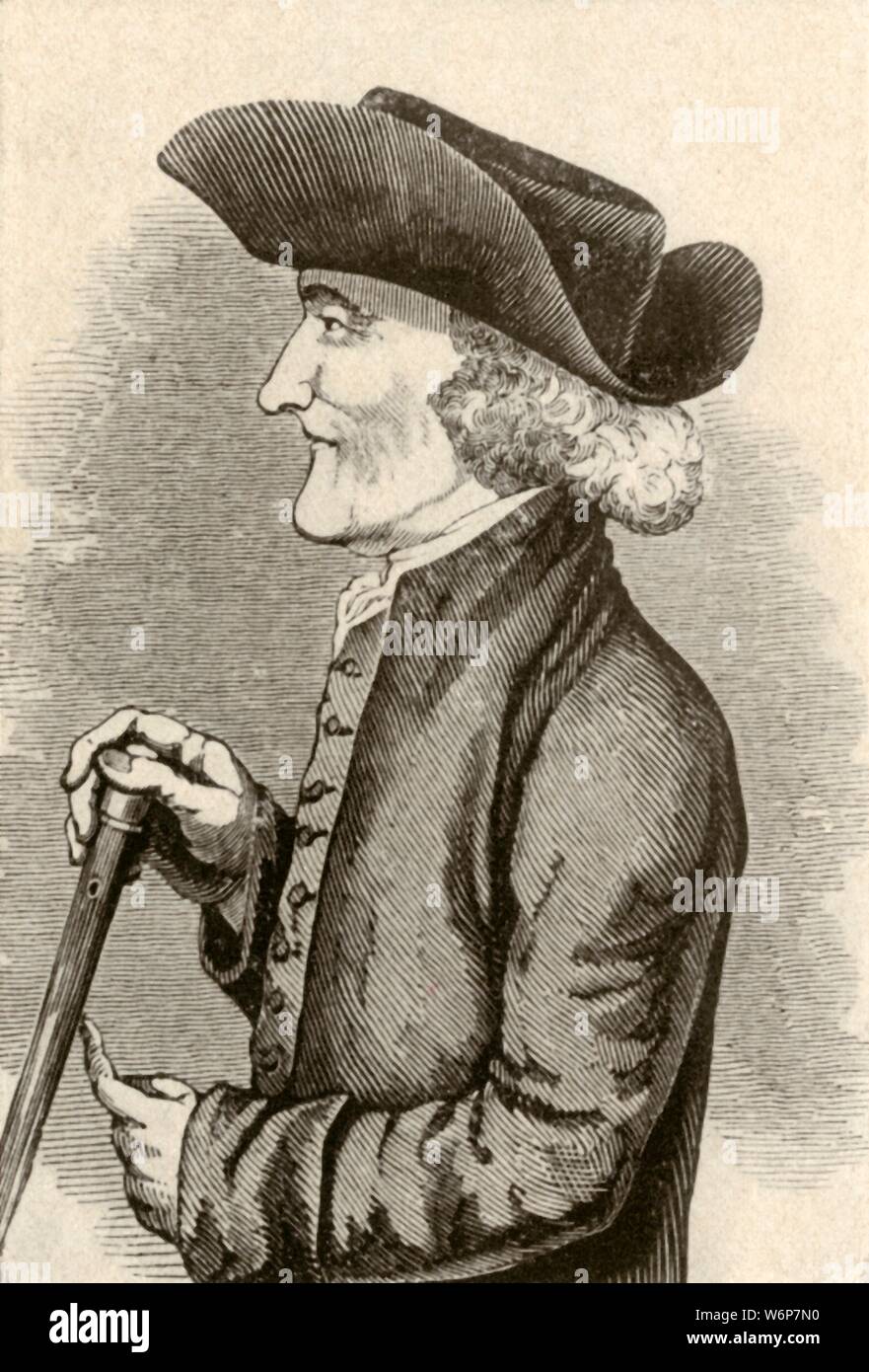 'Showing un dritto cappello indossato da un Quaker gentleman della Pennsylvania', 1774, (1937). Da "Storia del costume americano - Prenota uno 1607-1800", da Elisabeth McClellan. [Tudor Publishing Company, New York, 1937] Foto Stock