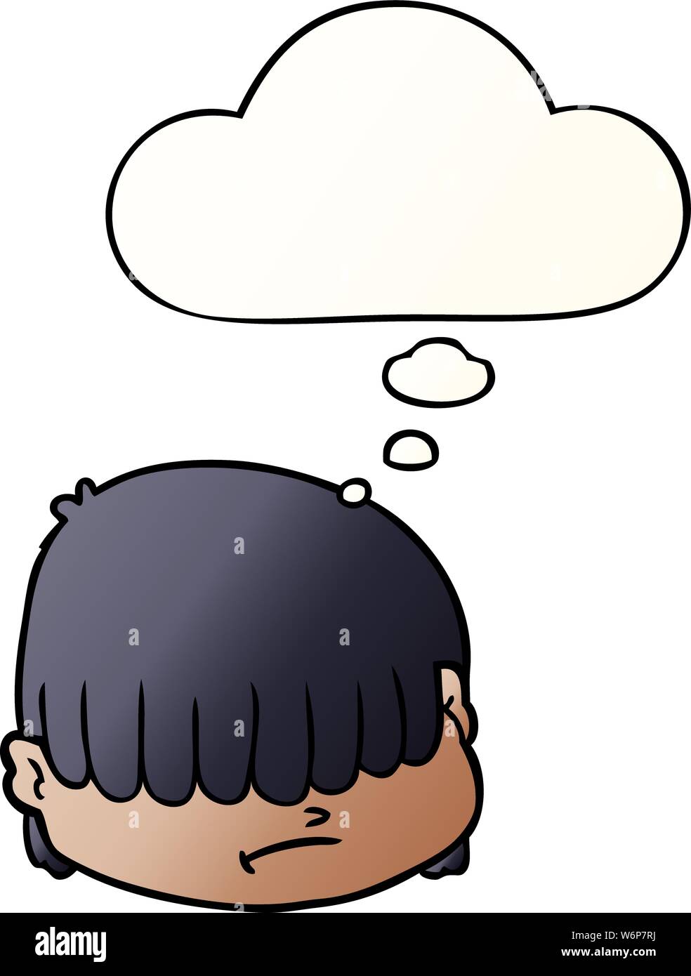 Cartoon faccia con capelli sopra gli occhi con bolle di pensiero in buon stile gradiente Illustrazione Vettoriale