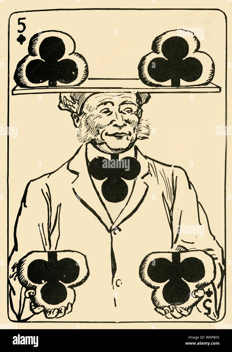 '"La prospera Baker" su cinque dei club", 1910. Trasformazione carta da gioco con un fornaio che trasportano i panini disegnata attorno al club. Creazione di carta da gioco 'Squiggles' o 'Squiggling', in cui i semi della non-face carte sono state incorporate in un design artistico, era popolare nel XIX secolo. Da "The Strand Magazine, un mensile illustrato", Volume XL - da luglio a dicembre 1910. [George Newnes Ltd, Londra, 1910] Foto Stock