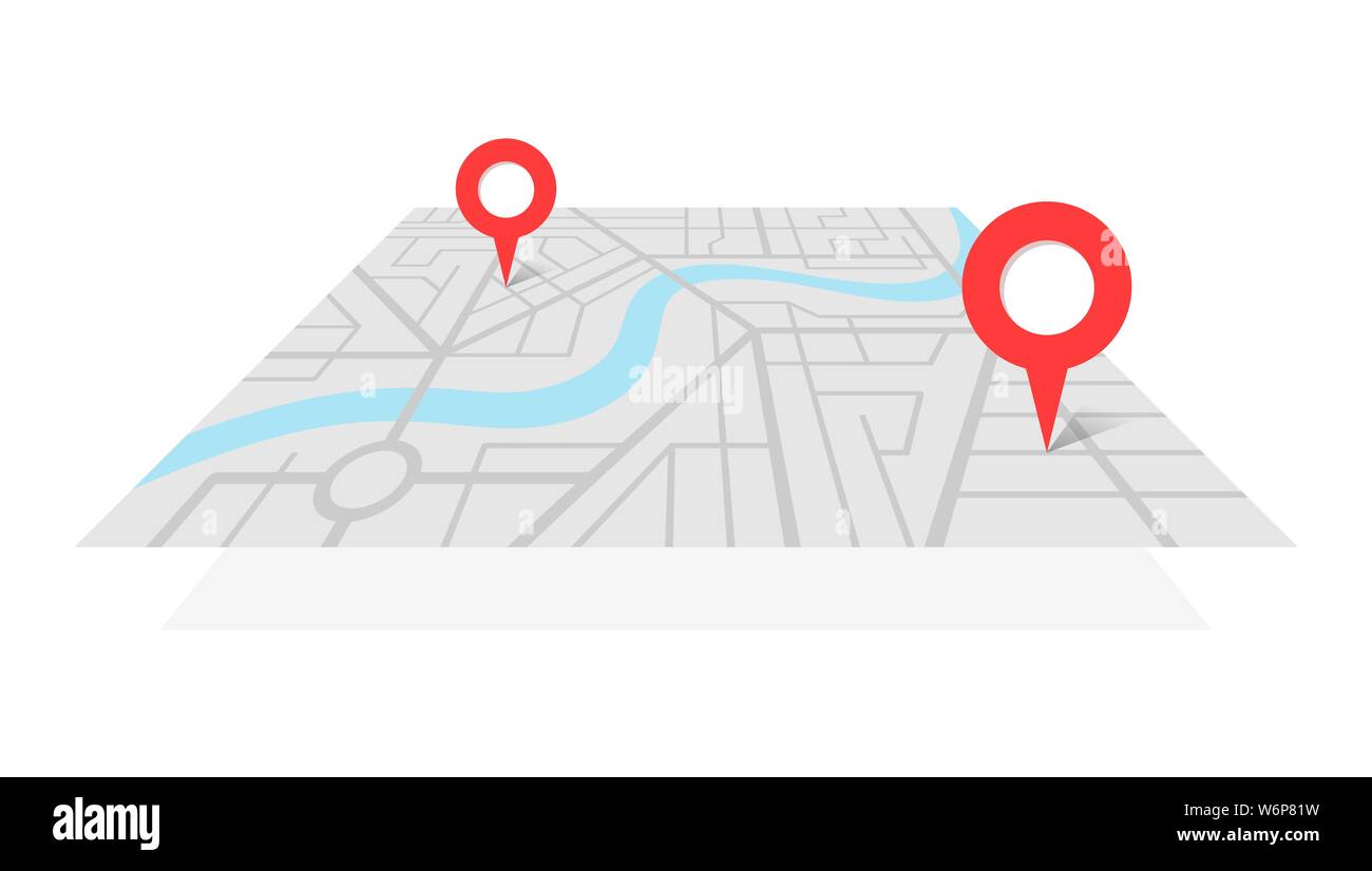 Mappa stradale della città con segnapunti GPS e percorso di navigazione dai punti A ai punti B. Schema di posizione dell'illustrazione isometrica della vista prospettica del colore grigio vettoriale Illustrazione Vettoriale