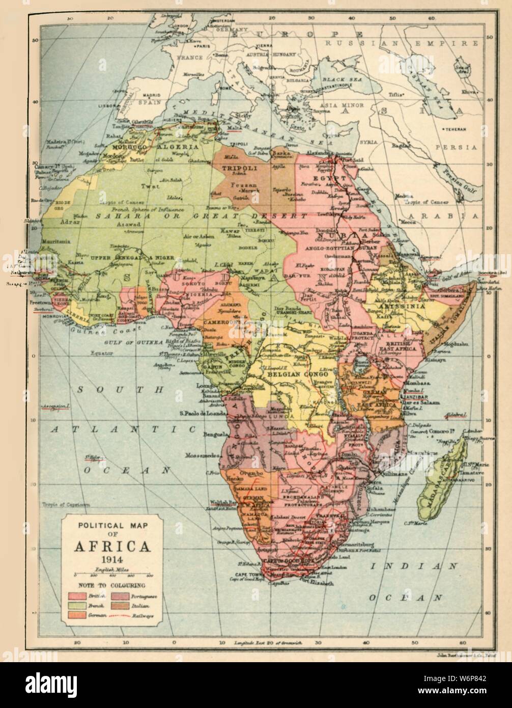 "Politico Mappa di Africa, 1914", (1920). Possedimenti coloniali in Africa all'inizio della Prima Guerra Mondiale. Colonie britanniche sono rosa, francese - verde, tedesco - arancione, portoghese - viola, Italiano - marrone. Da "La grande guerra mondiale - una storia", Volume I, edito da Frank un Mumby. [Il Gresham Publishing Company Ltd, Londra, c1920] Foto Stock