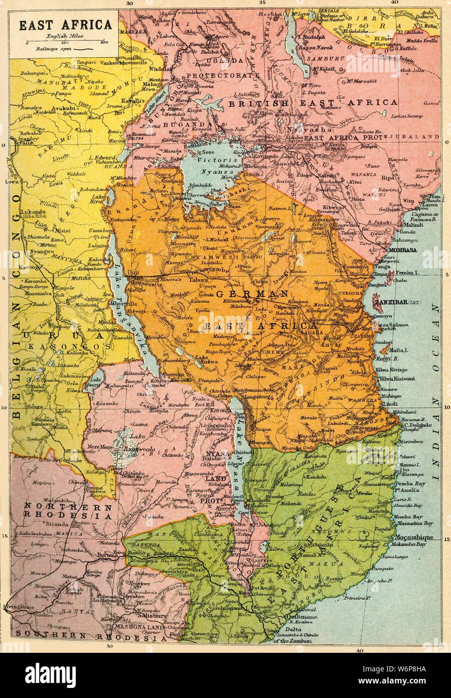 Mappa di Africa Orientale, la prima guerra mondiale, (c1920). Mappa che mostra possedimenti coloniali compreso il Congo belga, British East Africa, Tedesco in Africa Orientale, Rhodesia settentrionale e il portoghese in Africa orientale. Da "La grande guerra mondiale - una storia" III volume, edito da Frank un Mumby. [Il Gresham Publishing Company Ltd, Londra, c1920] Foto Stock