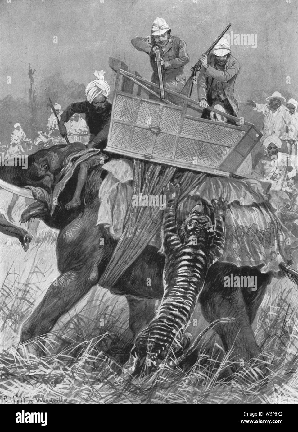 "La visita del Principe di Galles in India, 1876: Il principe Elephant caricato da una tigre in Nepal Terai, febbraio 21', (1901). Prince Albert Edward (1841-1910), il futuro re Edoardo VII, spara a una tigre che attacca il suo elefante. "Dall'Illustrated London News Record del glorioso Regno della Regina Victoria 1837-1901: la vita e l'adesione del re Edward VII e la vita della regina Alexandra". [Londra, 1901] Foto Stock