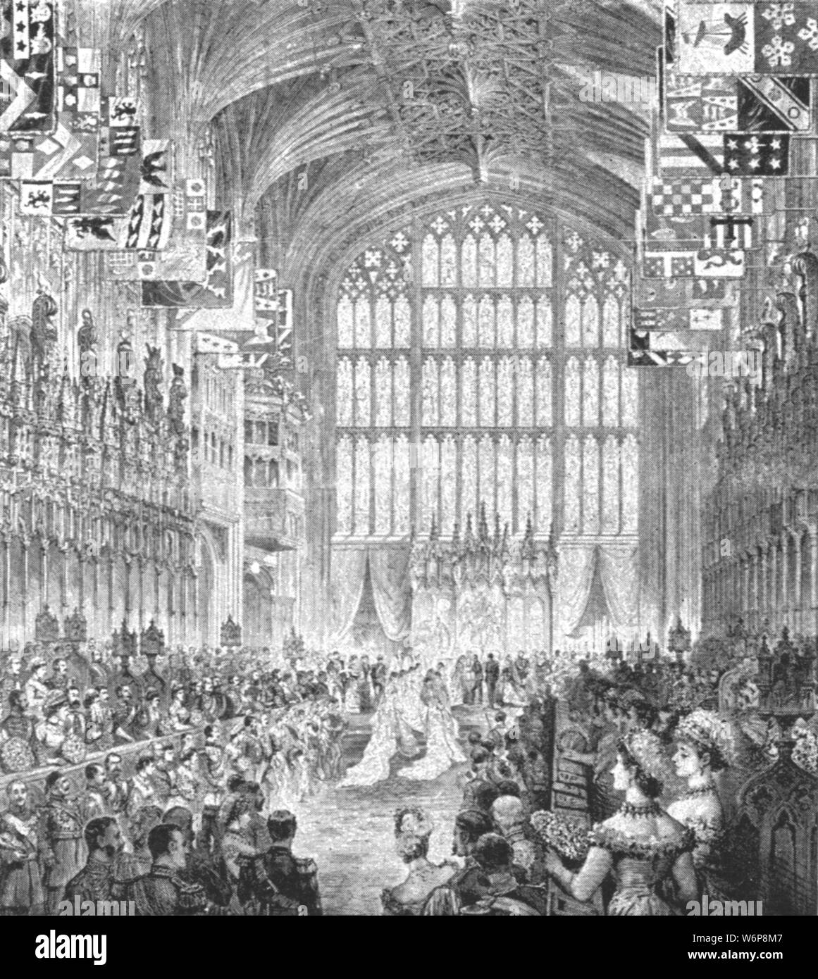 " Il matrimonio del duca di Albany con la principessa Elen di Waldeck-Pyrmont in la Cappella di San Giorgio., Windsor, Aprile 27, 1882, (1901). Il principe Leopoldo (1853-1884), un figlio della regina Victoria, sposato la principessa Helena di Waldeck e Pyrmont (1861-1922) a alla cappella di San Giorgio nel Castello di Windsor. "Dall'Illustrated London News Record del glorioso Regno della Regina Victoria 1837-1901: la vita e l'adesione del re Edward VII e la vita della regina Alexandra". [Londra, 1901] Foto Stock