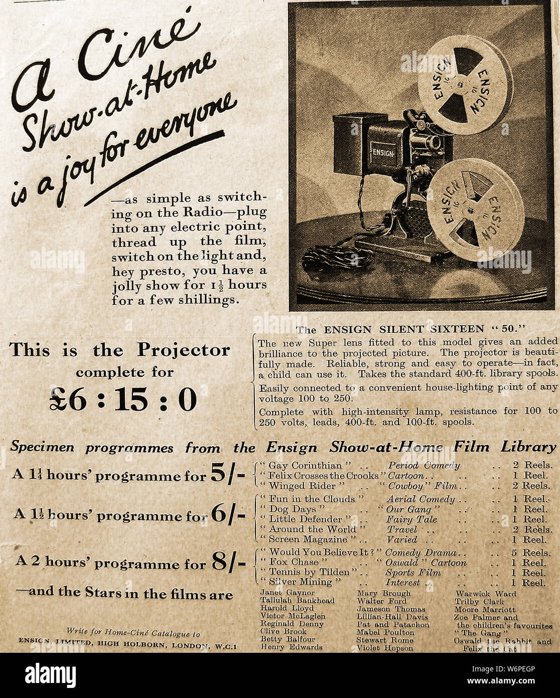 Un ottobre 1932 pubblicità per un home cinema - Il Ensign Silent sedici '50 (Houghton-Butcher Manufacturing Company Limited di Walthamstow, REGNO UNITO Foto Stock