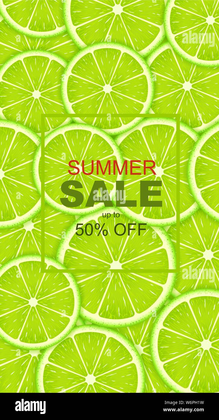 Estate modello di vendita banner, poster con fettine di lime. Sfondo per sconti stagionali, illustrazione vettoriale. Illustrazione Vettoriale