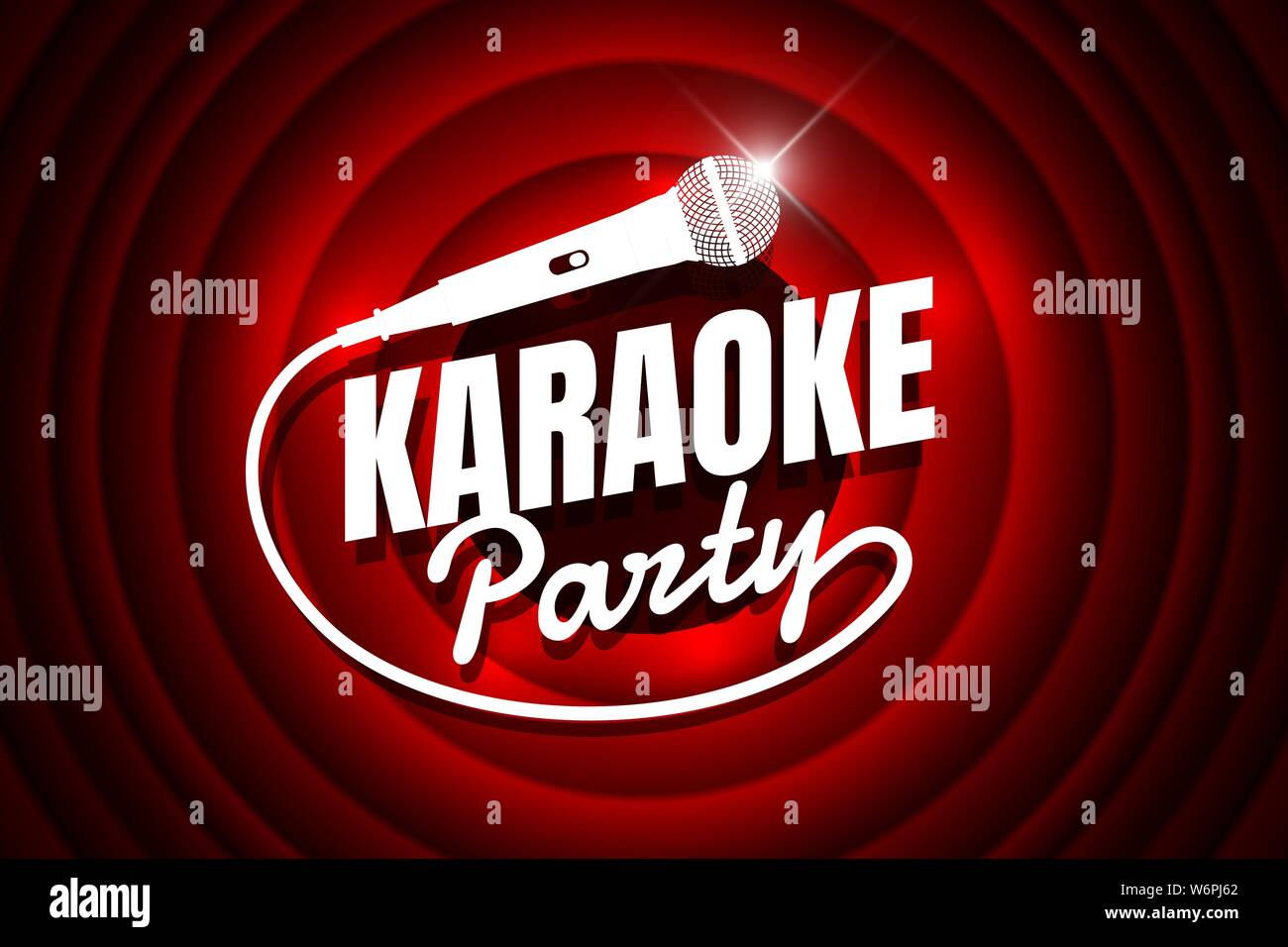 Karaoke party live show di notte Apri il cartello mike sul palco finale del cinema a teatro vuoto. Microfono contro lo sfondo del telo rosso. MIC vettore concerto musica vita notturna illustrazione evento Illustrazione Vettoriale