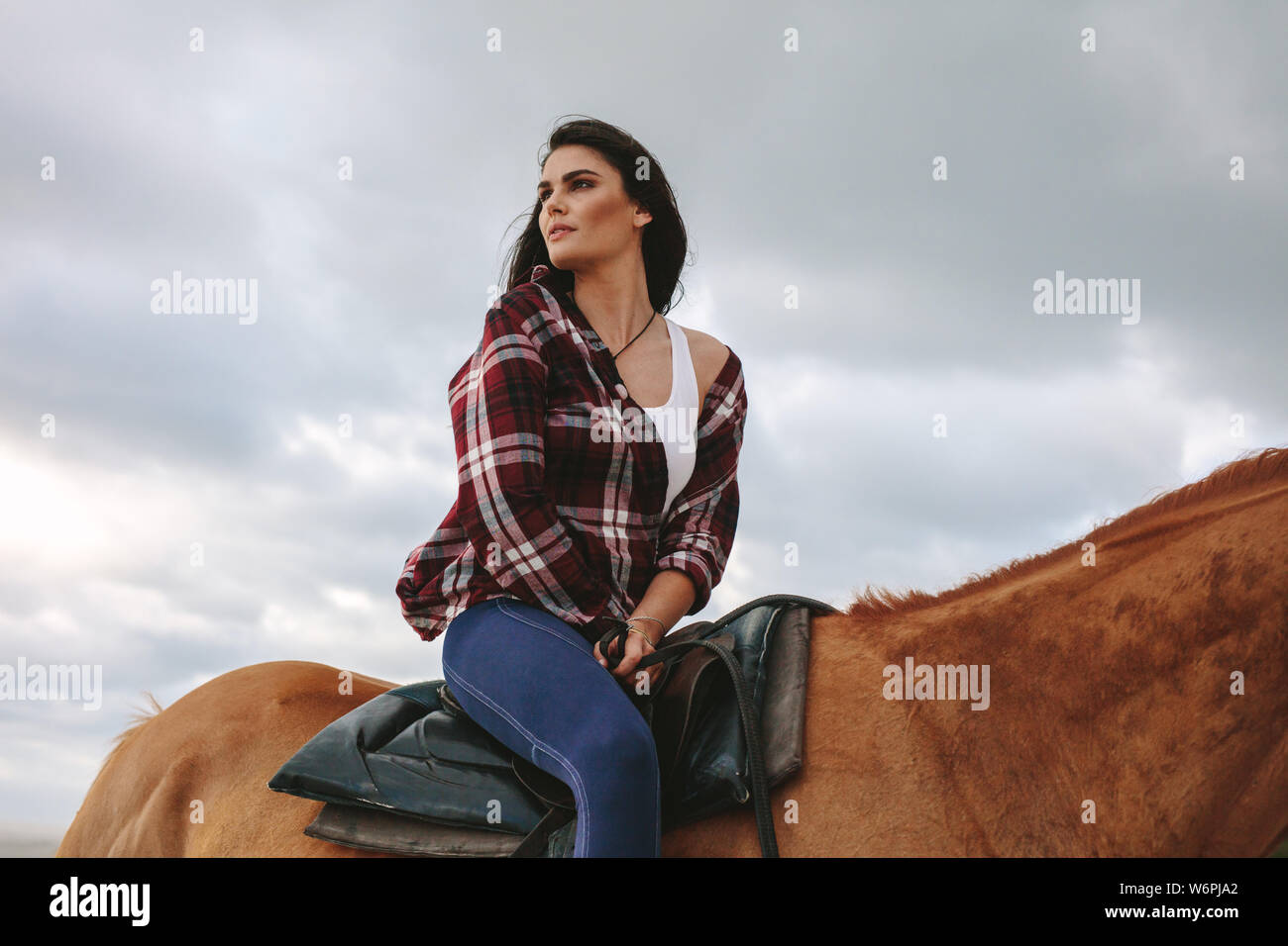 Bella giovane donna seduta sul suo stallone e guardando lontano. Femmina cavaliere a cavallo all'esterno. Foto Stock
