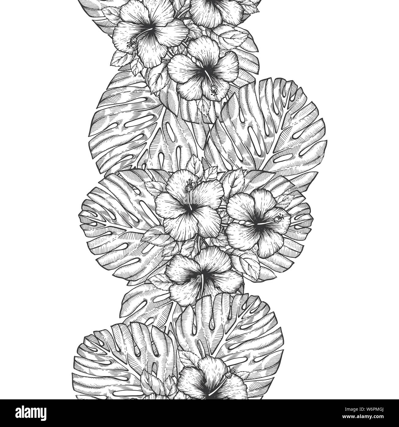 Disegnato a mano hibiscus tropicale Fiore. Seamless motivo floreale con foglie di palmo su sfondo bianco. Incisione esotici wallpaper per i tessili, superficie des Illustrazione Vettoriale