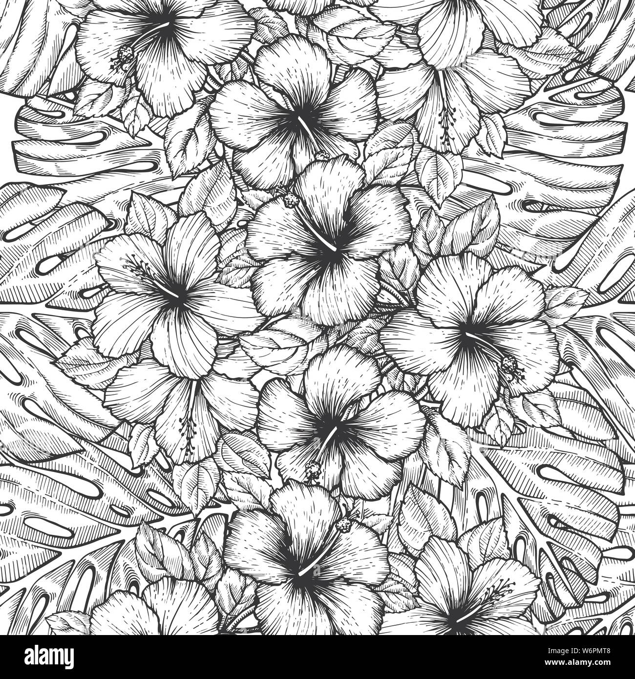 Disegnato a mano hibiscus tropicale Fiore. Seamless motivo floreale con foglie di palmo su sfondo bianco. Incisione esotici wallpaper per i tessili, superficie des Illustrazione Vettoriale