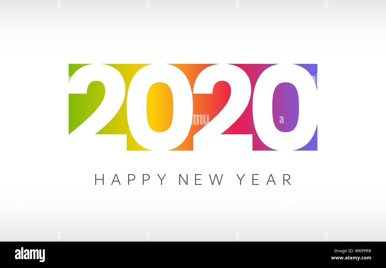 Felice anno nuovo 2020. Colorato biglietto di auguri su sfondo bianco. Design minimale. Gradiente di colore con numeri bianchi. 2020 vacanza testo banner. Vettore Illustrazione Vettoriale