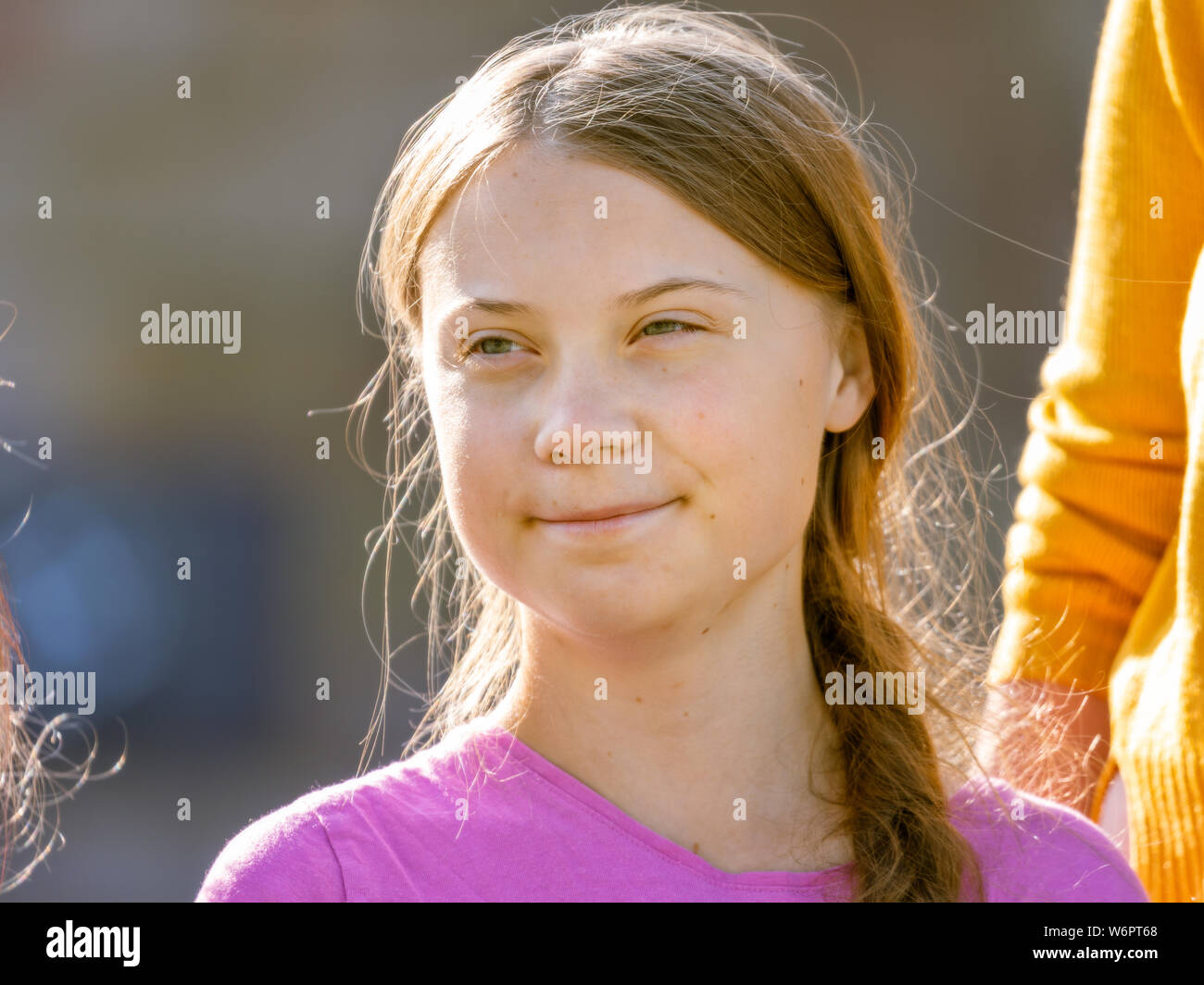 Stoccolma, Svezia. Il 2 agosto, 2019. 16-anno-vecchio clima svedese Greta attivista Thunberg ultima manifestazione a Stoccolma il venerdì prima di andare al Foto Stock