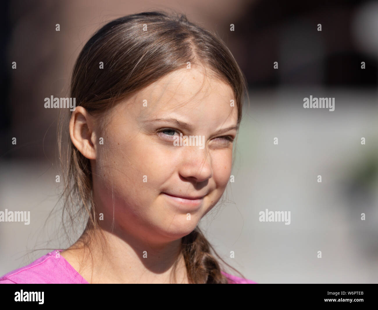 Stoccolma, Svezia. Il 2 agosto, 2019. 16-anno-vecchio clima svedese Greta attivista Thunberg ultima manifestazione a Stoccolma il venerdì prima di andare al Foto Stock