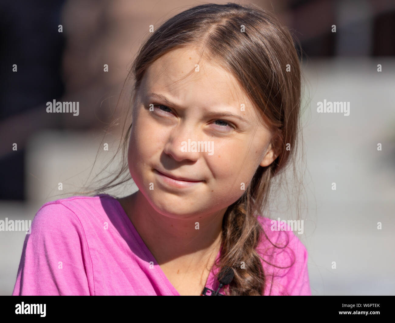 Stoccolma, Svezia. Il 2 agosto, 2019. 16-anno-vecchio clima svedese Greta attivista Thunberg ultima manifestazione a Stoccolma il venerdì prima di andare al Foto Stock