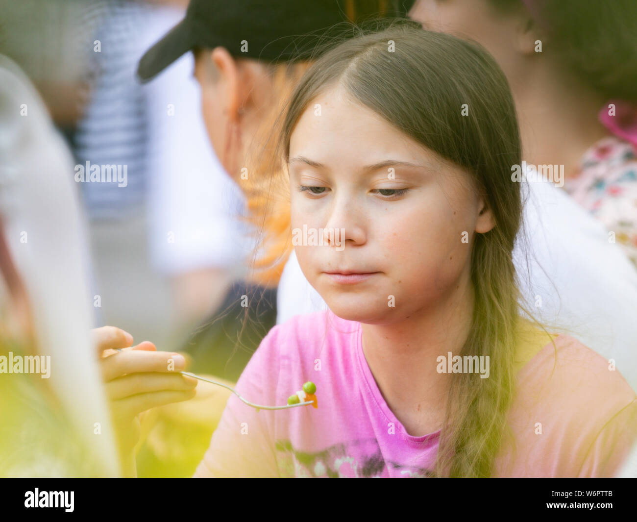 Stoccolma, Svezia. Il 2 agosto, 2019. 16-anno-vecchio clima svedese Greta attivista Thunberg ultima manifestazione a Stoccolma il venerdì prima di andare al Foto Stock
