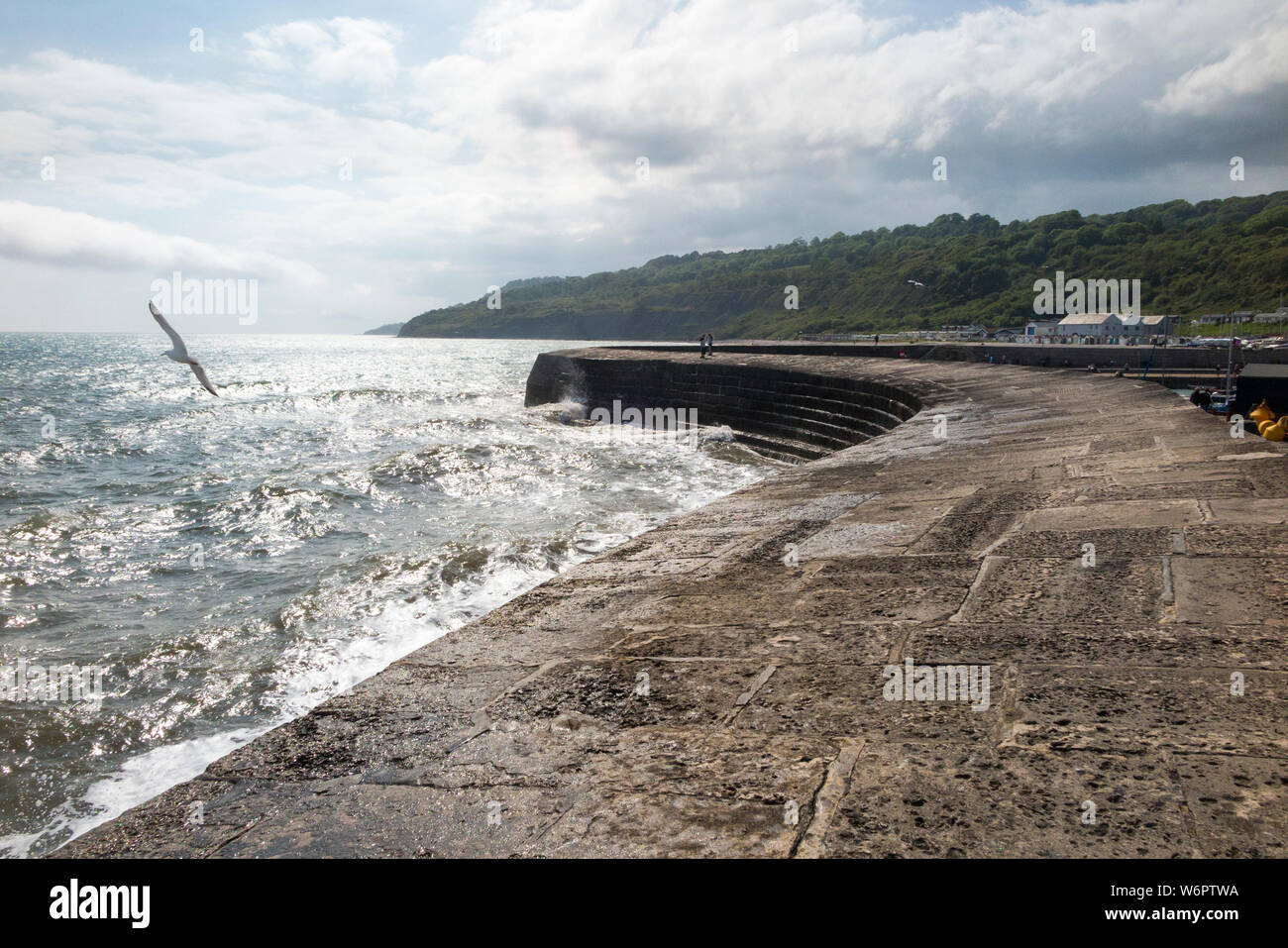 Guardando verso il fine di Cobb, Lyme Regis e il suo porto artificiale e le difese del mare: la gente camminare lungo la passerella superiore / a piedi modo. Regno Unito. (110) Foto Stock