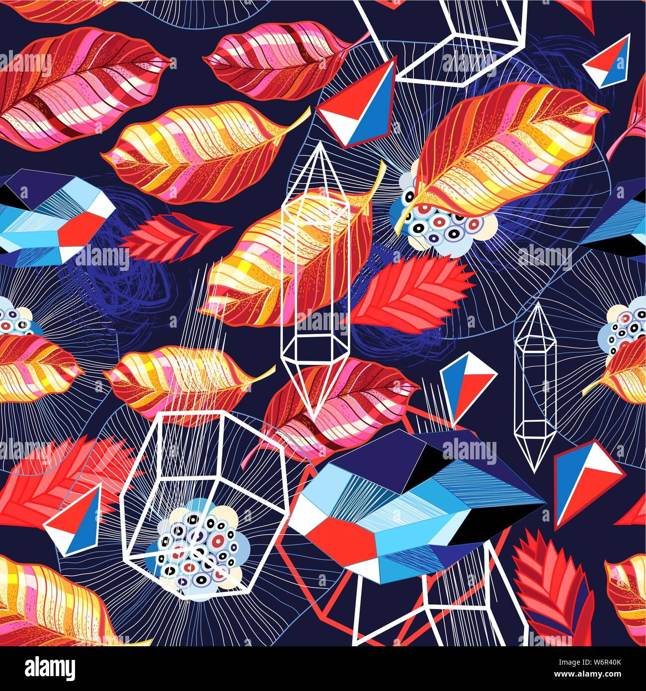 Autunno luminoso modello senza giunture di foglie e di oggetti geometrici su uno sfondo scuro. Carta da parati e disegno di tessuto modello. Illustrazione Vettoriale
