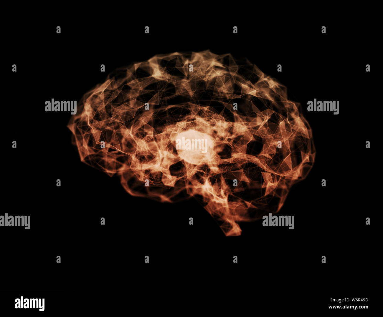 Rete di cervello 3d illustrazione punti collegati e linee bagliore scuro Foto Stock