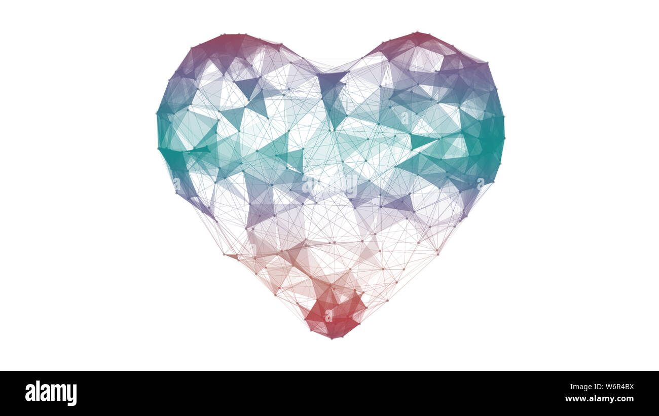 Poligonale astratta multi colore cuore. Il giorno di San Valentino. È costituito da punti, linee. Isolato su sfondo bianco. 3D render Foto Stock