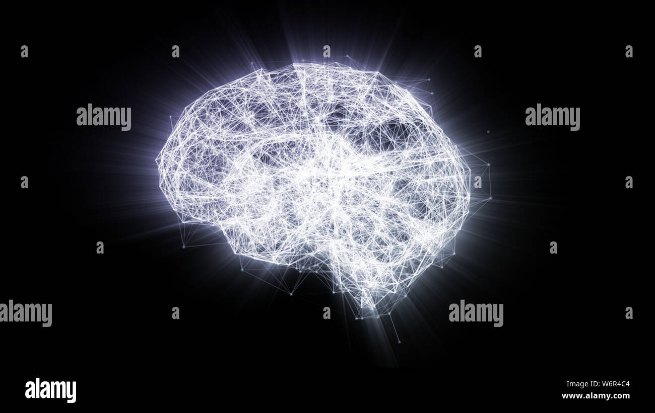 Rete Cerebrale Umana. Concetto di intelligenza artificiale isolato su sfondo nero. Figura 3D Foto Stock
