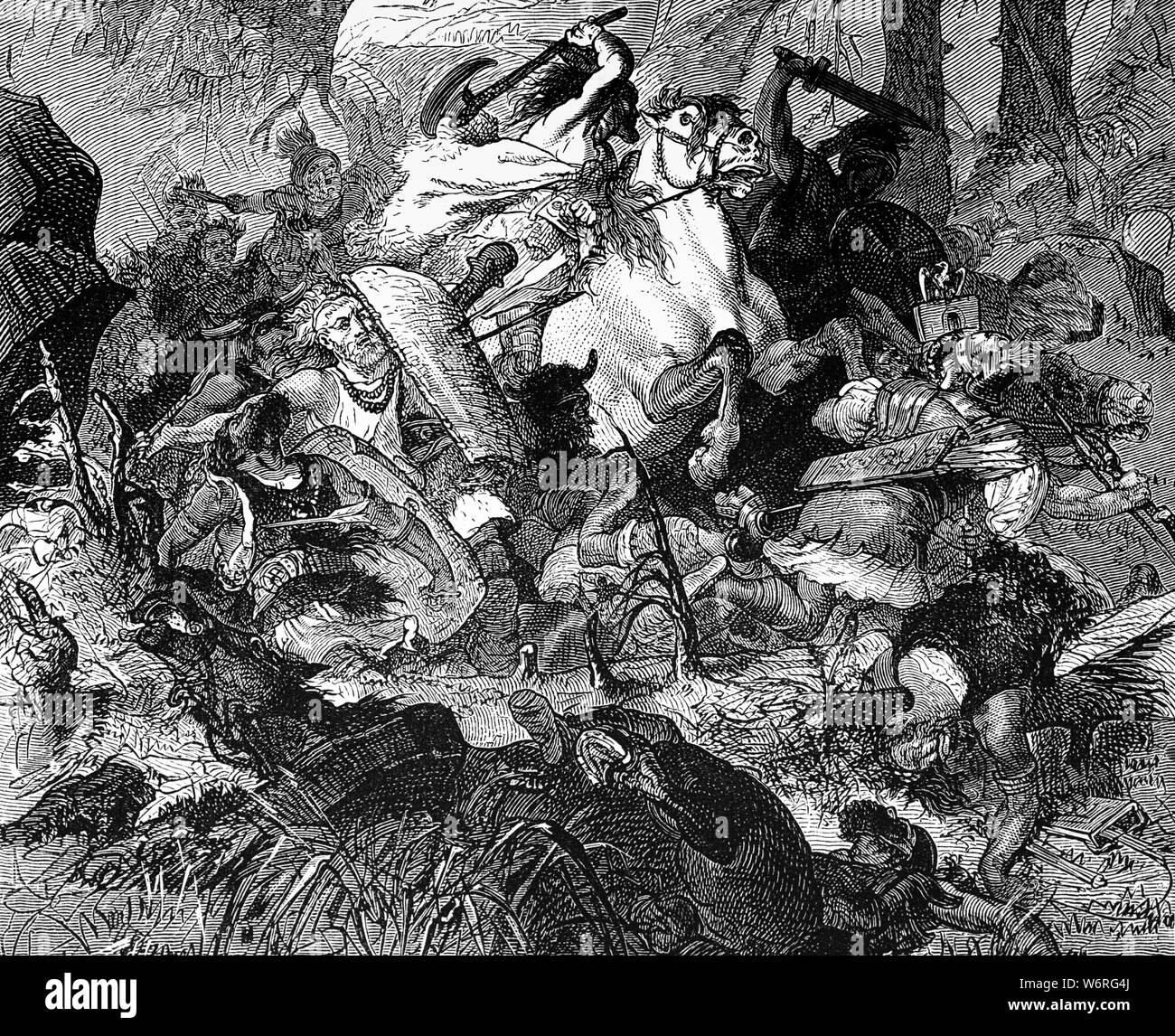 Combattimento iniziale alla battaglia di Noreia in giorno moderno della Slovenia durante la cimbra o Cimbric guerra (113-101 BC)è stato combattuto tra la Repubblica Romana e il Celtic o tribù germaniche dei Cimbri e il Teutones che sono migrati dalla penisola dello Jutland in epoca romana il territorio controllato e si scontrarono con Roma e i suoi alleati. Roma è stata infine vittorioso e la guerra ha contribuito notevolmente alla carriera politica di gaio Marius, la cui consulships e conflitti politici sfidati molti della repubblica romana di istituzioni politiche e le consuetudini del tempo. Foto Stock