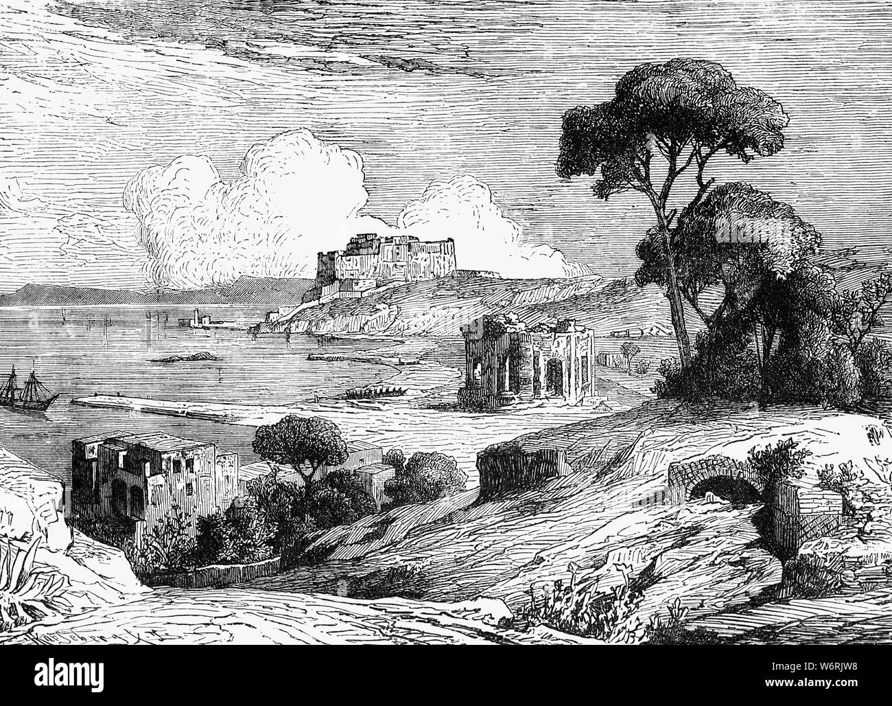 Un XIX SECOLO VISTA delle ville in rovina in Baiae, antica città romana situata sulla sponda nord-ovest del Golfo di Napoli, e ora nel comune di Bacoli. È stata una località alla moda, in particolare verso la fine della Repubblica romana, quando esso è stato annoverato come superiore a Pompei, Ercolano, Capri dal super-ricchi che costruirono lussuose ville qui dal 100 a.c. al 500 D.C. Era famoso per la sua offerta edonistica e attendant le voci secondo le quali la corruzione e lo scandalo. Foto Stock